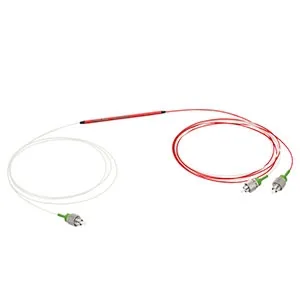 这是一个1x2 PM耦合器，波长为1064 ± 15 nm，分光比为90:10，极化消光比为20 dB，配有FC/APC连接器。